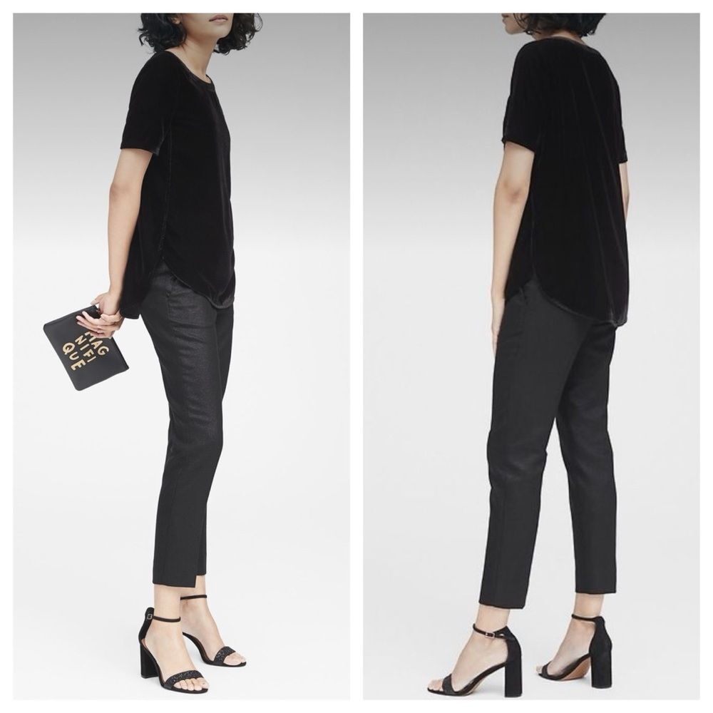 💠 Banana Republic Black Velvet High-Low Short Sleeve Hem Holiday Top Size S